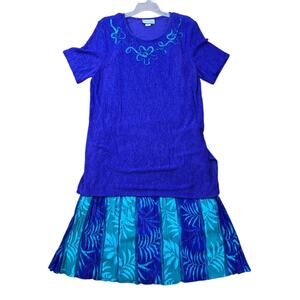 Vtg 2 Pc Matthew & David For B.L. Sz 16W Crinkle Skirt & Top Blue Summer USA